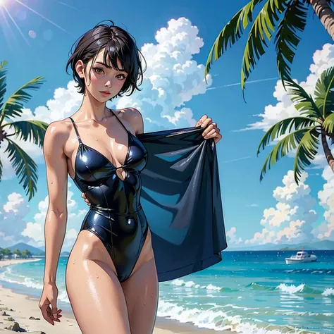 ((highest quality, masterpiece, High resolution)), ((reality)),Photos of beautiful Japanese women,((anime art))、 (((1 girl))), normal size breasts, slim body shape,  medium short hair, double eyelid, Wet see-through one-piece swimsuit,,  A pareo with bold ...