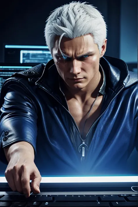 Character: Vergil, from: devil man cry, Vergil, crying, fat, typing in computer and crying 