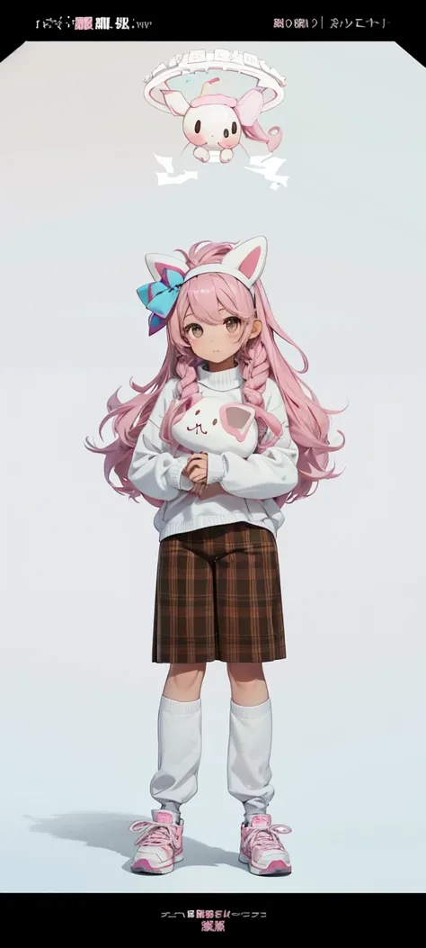 15-year-old girl with pink hair and a headband with big ears and a cinnamoroll sweater and brown pants