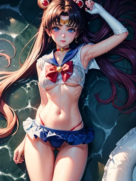 Sailor moon, ( body  shot ), stripping, wet bikini, orgasam, very seductive expression, very cute, cute, bikini, wet clothes, see through, clevage, wet,seductive pose, ultra high quality, ultra high definition, ultra realistic, 8k, masterpiece