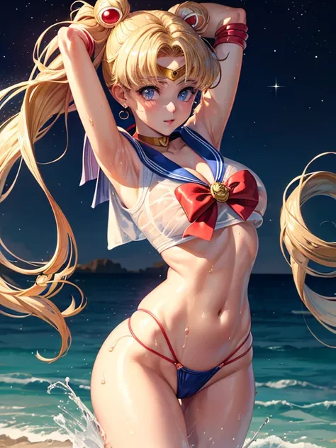 Sailor moon, ( body  shot ), stripping, wet bikini, orgasam, very seductive expression, very cute, cute, bikini, wet clothes, see through, clevage, wet,seductive pose, ultra high quality, ultra high definition, ultra realistic, 8k, masterpiece