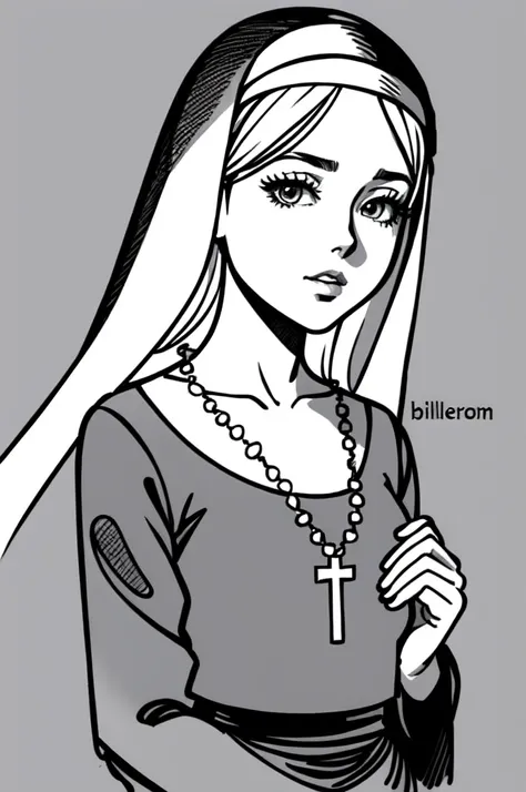 a drawing of a nun with a rosary in her hands, clean anime outlines, nun outfit, perfect lineart, clean lineart, lineart behance...