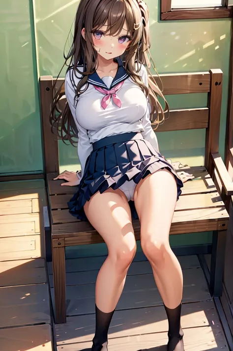 masterpiece, One girl,  Brown haired girl, Sailor suitを着て, Long Hair, The body is slim,  Pink eyes, Ahoge, Baby Face, Large Breasts, Beautiful breasts, Long sleeve, Beautiful Eyes, (Black knee-high socks:1.1), skirt, プリーツskirt, Sailor suit, Tight shirt, sk...