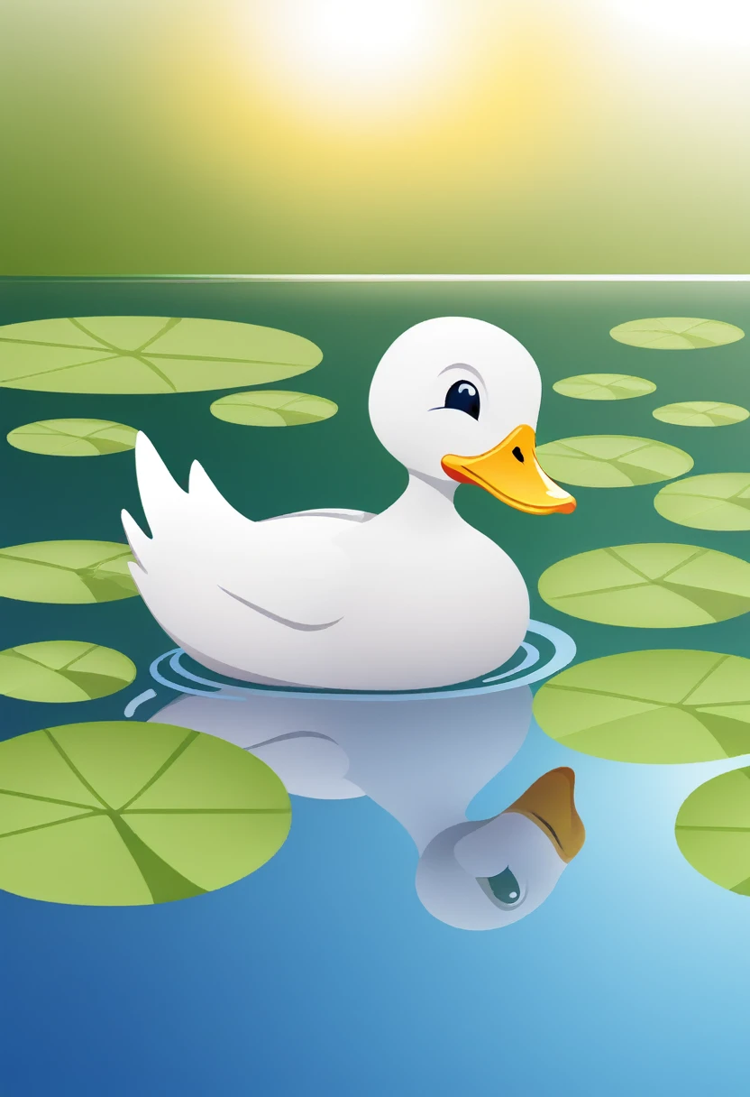 happy funny duck, swiming in lake, around water lily, sun shining, 