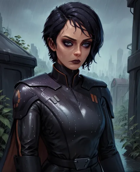 score_9,score_8_up,score_7_up,score_6_up, sabine wren ,,black hair, upper body, wet, armor,gloves,black bodysuit,black cape,belt...