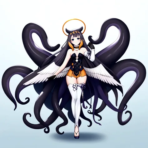 inapriestess, strapless dress, single thighhigh, single detached sleeve, black gloves, low wings, halo, tentacles, mole under ey...