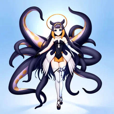 inapriestess, strapless dress, single thighhigh, single detached sleeve, black gloves, low wings, halo, tentacles, mole under ey...