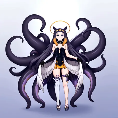 inapriestess, strapless dress, single thighhigh, single detached sleeve, black gloves, low wings, halo, tentacles, mole under ey...