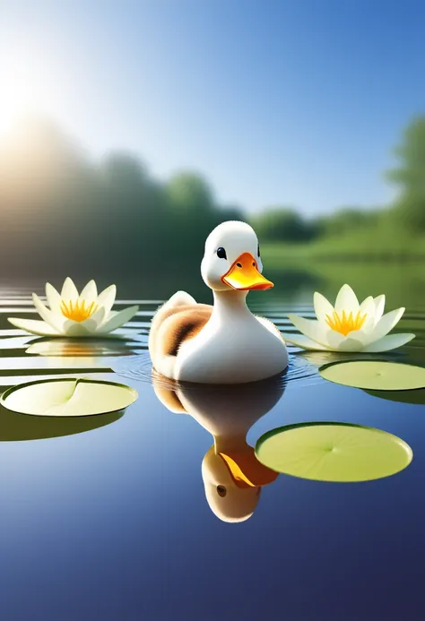 happy funny duck, swiming in lake, around water lily, sun shining,