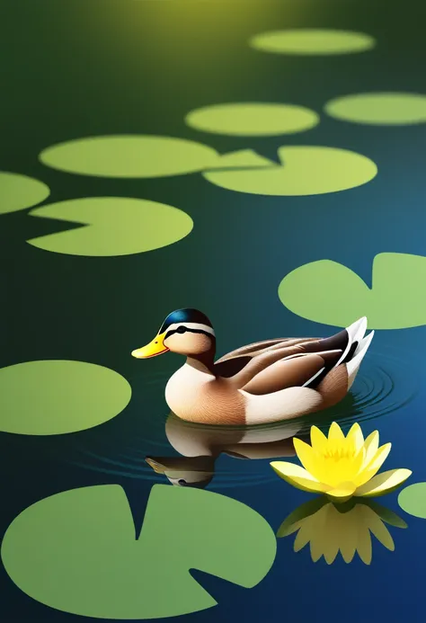 happy funny duck, swiming in lake, around water lily, sun shining,