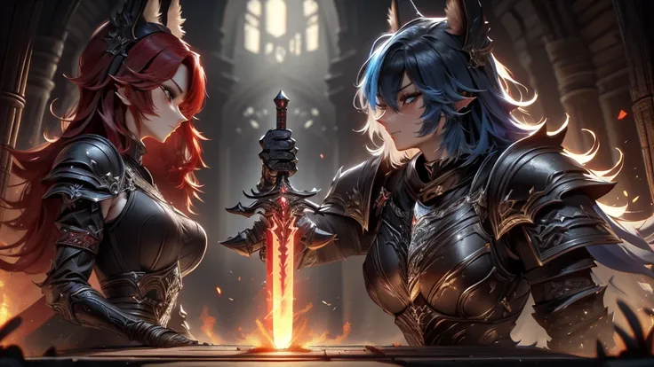 A battlefield, two women facing each other, karo. a redhead wearing dark armor, the other with sky blue hair and eyes wearing armor of light, their legendary swords stuck in battle, (Facial expression: anger/Will), wearing mystical armor, one with an aura ...