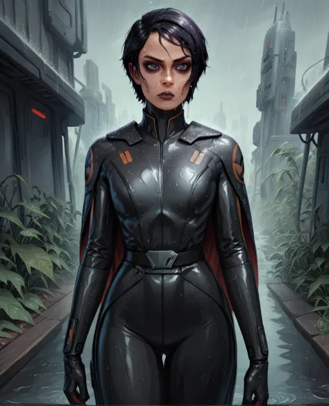 score_9,score_8_up,score_7_up,score_6_up, sabine wren ,,black hair, full body, wet, armor,gloves,black bodysuit,black cape,belt,...