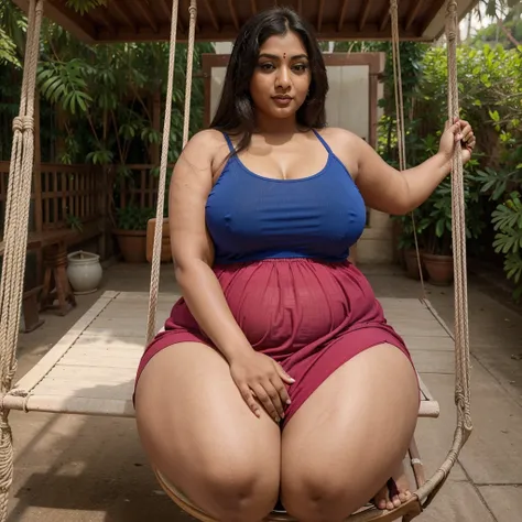 Sexy Indian aunty bangali actress monalisa sitting on swing, fatty thighs, fatty body chubby body type big fat body, bbw women, wearing red panty,blue long dress ,pink top,bbw,,big size body, spreding legs,