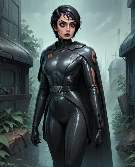 score_9,score_8_up,score_7_up,score_6_up, sabine wren ,,black hair, full body, wet, armor,gloves,black bodysuit,black cape,belt,...