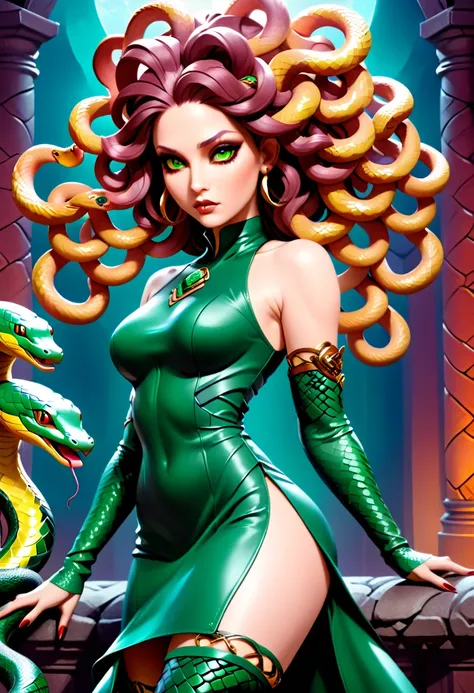 dark fantasy art a medusa having (snake twin braids: 1.5) a most beautiful medusa, reptilian eyes, pale skin, having twin snake ...