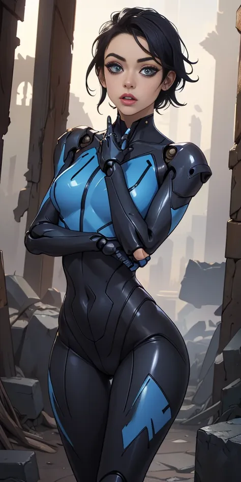 high resolution, ultradetailed, 1 girl, (short black hair:1.2), (blue tight latex suit:1.1), (dungeon ruins background:1.2 ), 16...