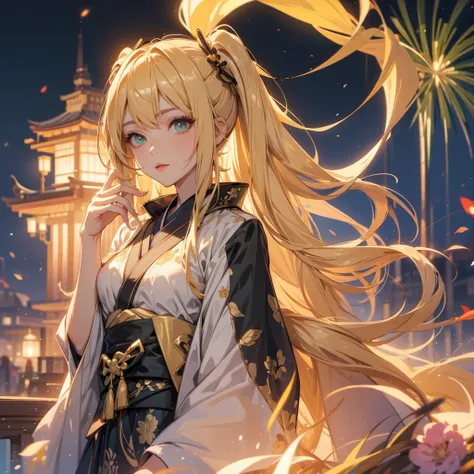 layla , kimono night in firework , blonde hair, pigtailed haired , long hair , green eyes