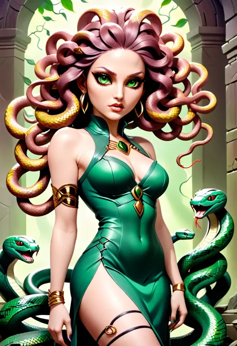 dark fantasy art a medusa having (snake twin braids: 1.5) a most beautiful medusa, reptilian eyes, pale skin, having twin snake ...