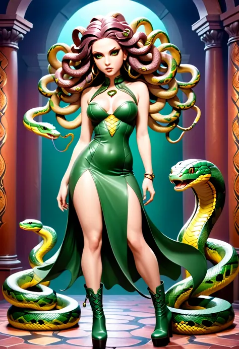 dark fantasy art a medusa having (snake twin braids: 1.5) a most beautiful medusa, reptilian eyes, pale skin, having twin snake ...