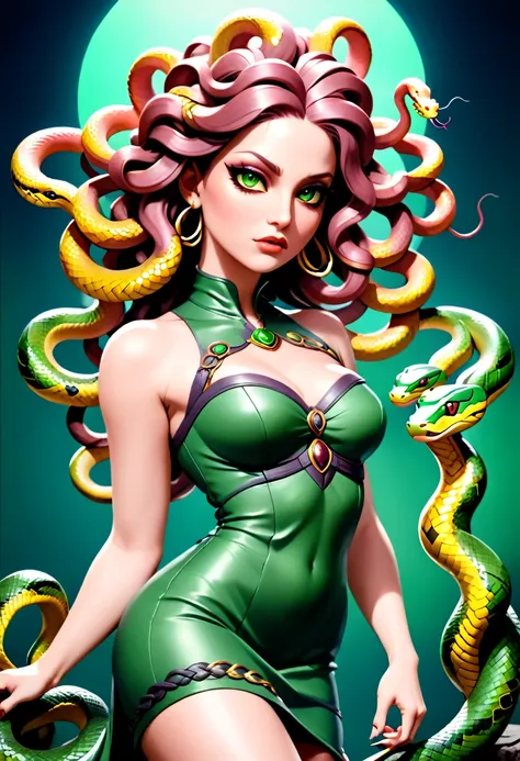 dark fantasy art a medusa having (snake twin braids: 1.5) a most beautiful medusa, reptilian eyes, pale skin, having twin snake ...