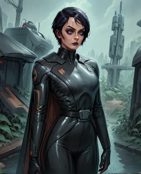 score_9,score_8_up,score_7_up,score_6_up, sabine wren ,,black hair, full body, wet, armor,gloves,black bodysuit,black cape,belt,...