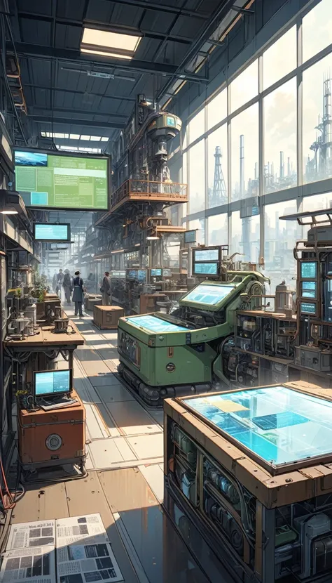 A high-tech factory, with futuristic machines and equipment, but with an architecture and design reminiscent of an early 20th century factory. Modern robots work alongside workers wearing period clothing, while holographic screens display up-to-date news o...