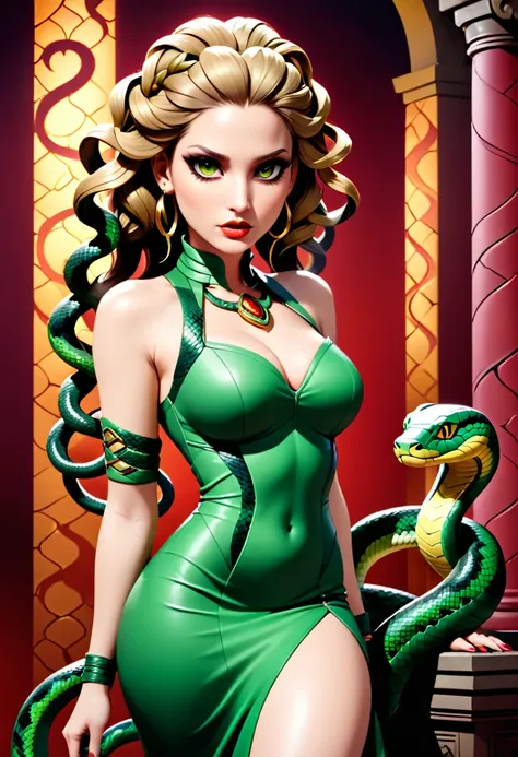 dark fantasy art a woman having (snake twin braids: 1.5) a most beautiful woman, reptilian eyes, pale skin, having twin snake br...