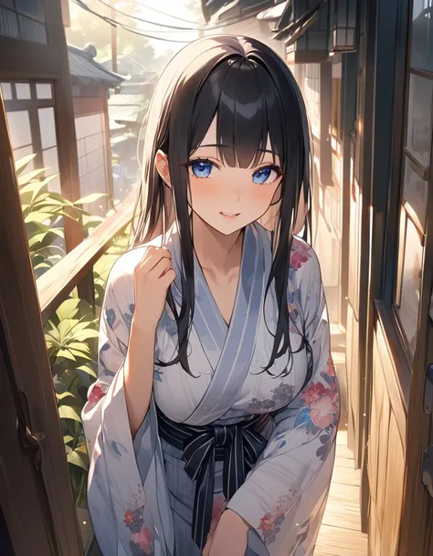 (Highest qualityのイラスト:1.2), (Black Hairの美少女:1.1), (1 girl、17 years old、Highest qualityのイラスト:1.2), (1 girl、Kind eyes、blue eyes:1.2)、((Black Hair:1.2))、Semi-long hair、(Highest quality、Very detailed、cute、Ultra-high resolution) 、Larger breasts、Yukata、Old stree...