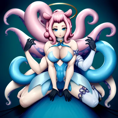 inapriestess, strapless dress, single thighhigh, single detached sleeve, black gloves, low wings, halo, detailed octopus tentacles, mole under eye, extreme muscular body, big breasts, 4 arms, full body.