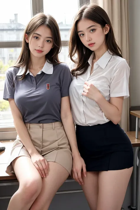 deux femmes ensemble de 18 ans sexy et mince , short sleeve uniforme école, salle de classe, se touche,position sey,sensuel