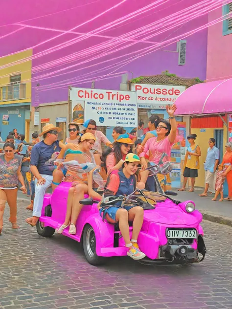 people riding in a pink car with a license plate on the back, by Silvia Pelissero, festival, 🚿🗝📝, olivia de bernardinis, by Matteo Pérez, tourism, Description, in sao paulo, Gita, album photo, 2 0 2 2 photo, bispo do rosario, por Antonín Chittussi, Andreia...