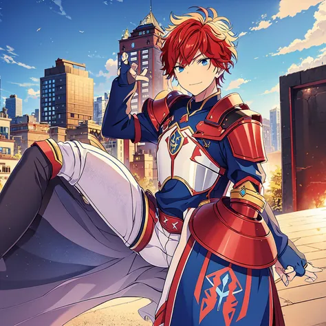 1 knight, a boy, Red hair, blue colored eyes, red knight armor, heavy armor, posture would be, city in the background, No hero, 15year old, natta, closed sky, chest armor, focus from the waist up, avoid hands in the image, No hands, heroic smile.