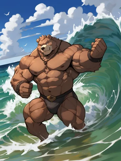 (muscular old bear riding a powerful surf wave)