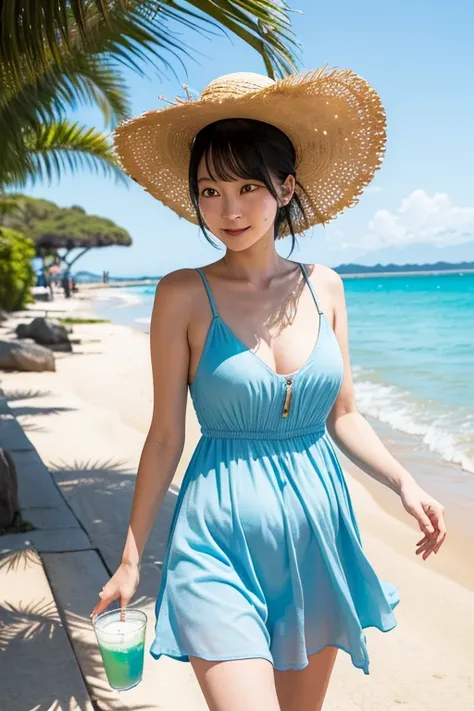 (High Definition), One women, Japan Person, Cute, Black hair long, Wearing Summer Dress White, exposing front zipper bra-top Baby-blue, Big straw Hat, Walking on Board walk at Beach Side, looking side glance, show woman shape, a glass of drink on a table, ...