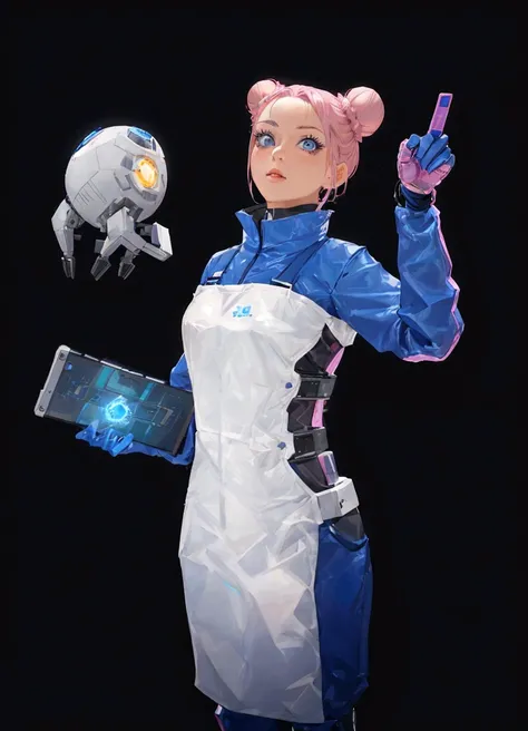 A female character with pink hair styled into buns, wearing a blue and white futuristic outfit that includes a vest, gloves, and boots, stands against a black background. She is holding a small robot in her left hand and a tablet in her right hand, which d...