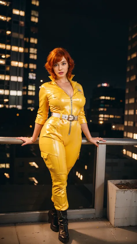 (masterpiece), (best quality), (solo character), (large breasts), (photorealistic:1.4), (chr1sh3n wearing white belt), (apriloneil costume, jumpsuit), (yellow latex jumpsuit), (apriloneil hairstyle), (apriloneil white belt), (apriloneil boots), (aprilonei ...