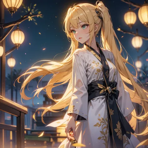 layla , kimono night in firework , blonde hair, pigtailed haired , long hair , green eyes