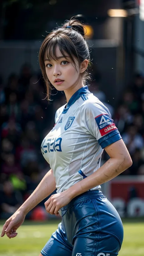 Highest quality, High resolution:1.2, Very detailed, Realistic:1.3, ((Beautiful woman))、((Super tight uniform))、((Big Breasts))、Vibrant colors, play soccer,(Blunt bangs)、((Various Hair Styles))、Different hair colors、With bangs、Wet Hair, concentrate, splash...