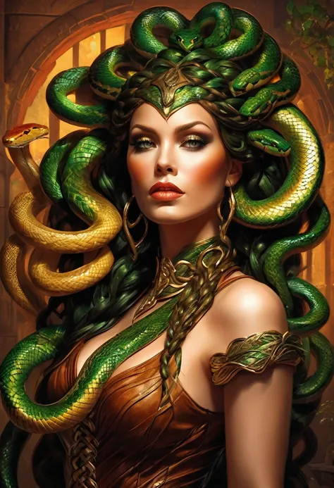 dark fantasy art  (braids thar become living snakes: 1.5) of a beautiful woman, reptilian eyes, pale skin, having twin snake bra...