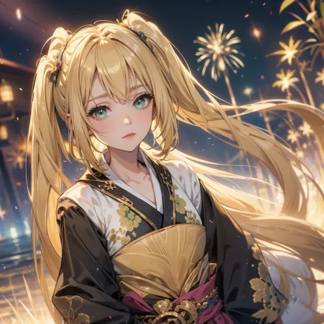 layla , kimono night in firework , blonde hair, pigtailed haired , long hair , green eyes