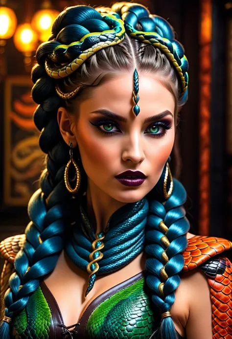 dark fantasy art  (braids thar become living snakes: 1.5) of a beautiful woman, reptilian eyes, pale skin, having twin snake bra...