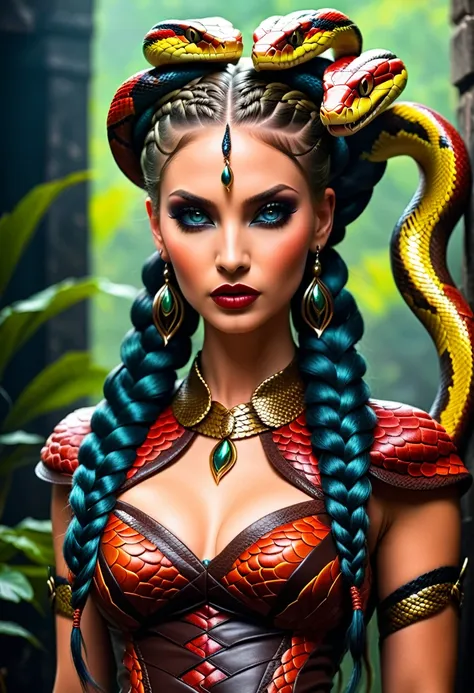 dark fantasy art  (braids thar become living snakes: 1.5) of a beautiful woman, reptilian eyes, pale skin, having twin snake bra...