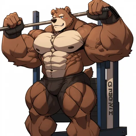 (muscular bear in steroids working out on a cable crossover machine)