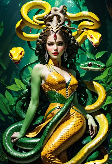 dark fantasy art  (braids thar become living snakes: 1.5) of a beautiful woman, reptilian eyes, pale skin, having twin snake bra...