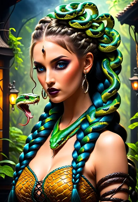 dark fantasy art  (braids thar become living snakes: 1.5) of a beautiful woman, reptilian eyes, pale skin, having twin snake bra...