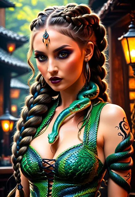 dark fantasy art  (braids thar become living snakes: 1.5) of a beautiful woman, reptilian eyes, pale skin, having twin snake bra...