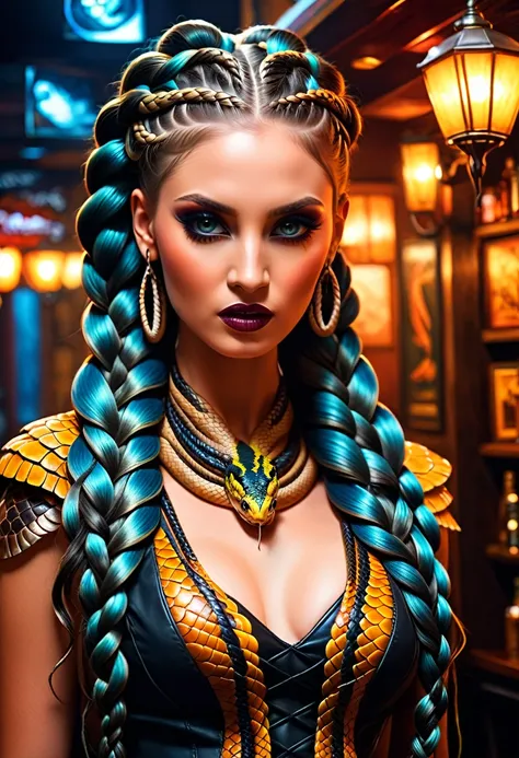 dark fantasy art  (braids thar become living snakes: 1.5) of a beautiful woman, reptilian eyes, pale skin, having twin snake bra...