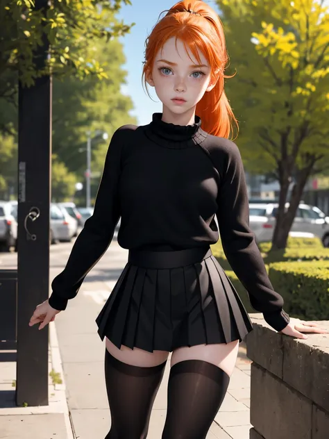 photo of a ginger 16yo girl, freckled face, face freckles, rosy, contemptuous look, 1 girl, solo, full body view, ponytail haircut,pale skin, big round , stand sexy pose, beautiful, ((pleated skirt with black tights under skirt)), ((oversized black sweater...