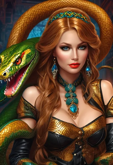 dark fantasy art  (2braids thar become living snakes: 1.5) ((2 identical braids that become snakes: 1.5))of a beautiful woman, r...