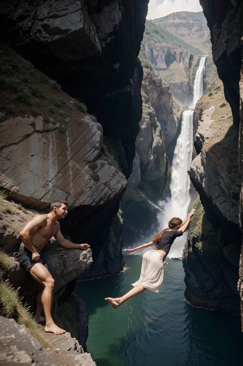 a man falling from a cliff and rescued by an angel and meets his wife and son